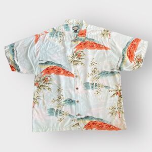 Vintage Tommy Bahama Hawaiian Shirt Wooden Buttons LARGE Palm Trees & Mountains